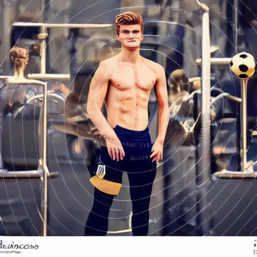 Image similar to a realistic detailed photo of a guy who is an attractive humanoid who is half robot and half humanoid, who is a male android, soccer players martin ødegaard & timo werner, shiny skin, posing like a statue, blank stare, in a factory, on display, showing off his muscles, gold soccer shorts, side view, looking at each other mindlessly