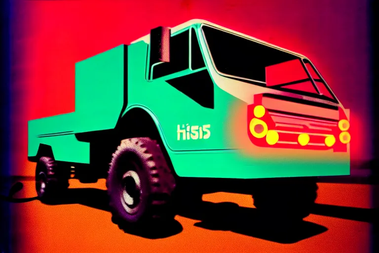 Image similar to stylized poster of an himars concept, thick neon lights, ektachrome photograph, volumetric lighting, f 8 aperture, cinematic eastman 5 3 8 4 film