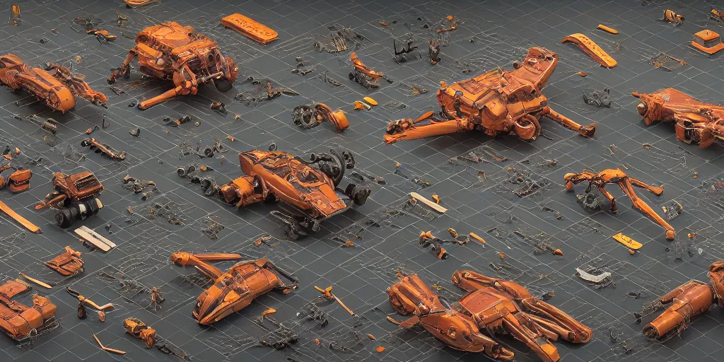 Image similar to collection of exploration of form and shapes, props, hard surface, panel, simon stalenhag, kitbash, items, gadget, big medium small, close up, vehicles, futuristic, parts, machinery, greebles, insanely detailed, case, hardware, golden ratio, wes anderson color scheme