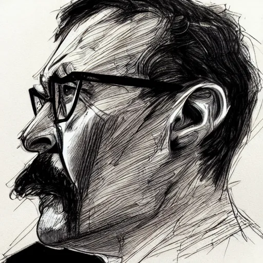 Image similar to a realistic yet scraggly portrait sketch of the side profile of a stern and sophisticated gordon freeman, trending on artstation, intricate details, in the style of frank auerbach, in the style of sergio aragones, in the style of martin ansin, in the style of david aja, in the style of mattias adolfsson