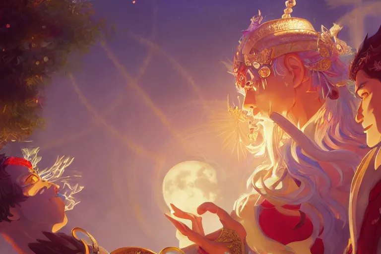 Image similar to close up moment of a divine a sun god and a moon goddess lovers magician at a wedding banquet, highly detailed, d & d, fantasy, 4 k realistic, digital painting, trending on artstation, concept art, sharp focus, illustration, art by makoto shinkai and akihiko yoshida and daniel gerhartz