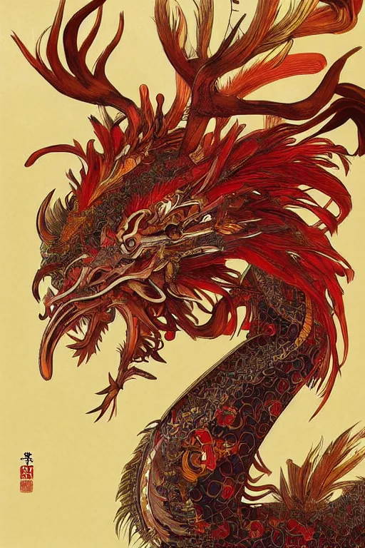 Prompt: a chinese dragon with a rooster face and legs, feathers and scales, autumn colours, stag antlers, deep big eyes, intricate and very very beautiful and elegant, highly detailed, digital painting, artstation, smooth and sharp focus, illustration, art by tian zi and wlop and alphonse mucha