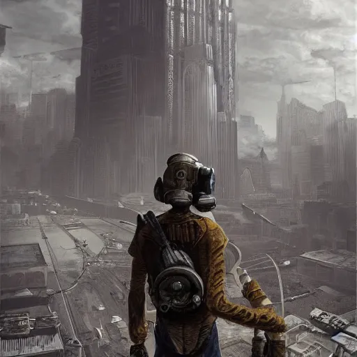 Image similar to courier from fallout new vegas in modern new york, digital, artstation, detailed intricate ink illustration, heavenly atmosphere, digital art, overdetailed art, concept art, complementing colors, trending on artstation, cgstudio, the most beautiful image ever created, dramatic, subtle, details, award winning artwork, beautiful scenery