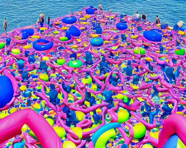 Prompt: a long shot of a giant award winning sculpture made out of tons of inflatable pool toys in the shape of a human head, on the surface of the ocean, in the style of chad knight, hyper detailed, hyper realistic, ray tracing, 8 k resolution, sharp focus, realistic water