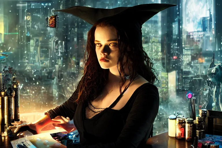 Prompt: close up photo, dramatic lighting, concentration, calm confident cyberpunk teen kat denning witch and her cat, tarot cards displayed on the table in front of her, sage smoke, magic wand, dark fantasy art, a witch hat and cape, apothecary shelves in the background., by yoji shinkawa neon