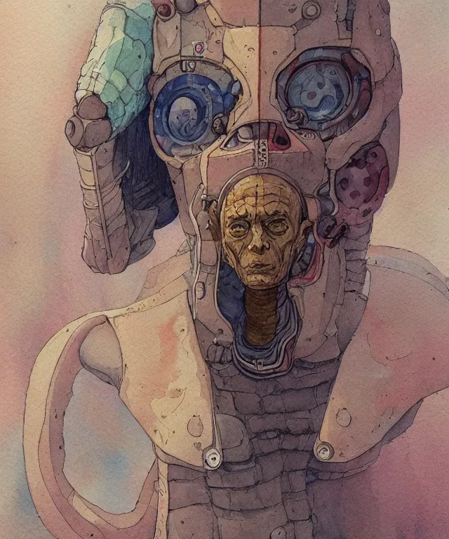 Image similar to a watercolor painting character portrait of a machine mutant in the style of jean giraud in the style of moebius trending on artstation deviantart pinterest detailed realistic hd 8 k high resolution