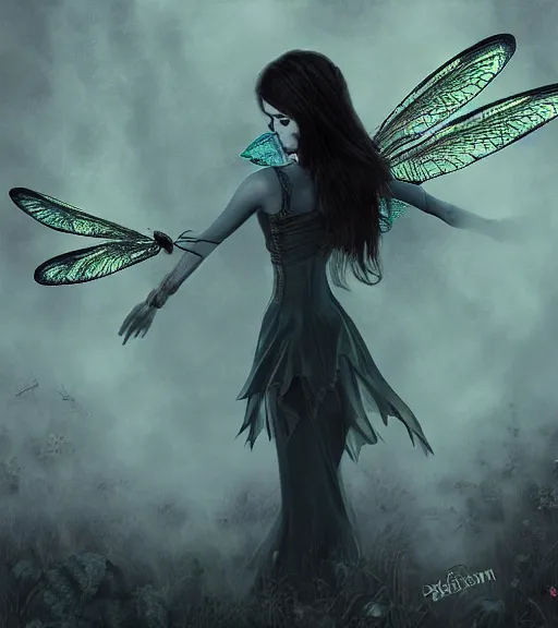 Image similar to gothic fairy with dragonfly wings, digital painting, liminal eerie midnight backlit, a picture taken by Michael Komarck and Eric Deschamps