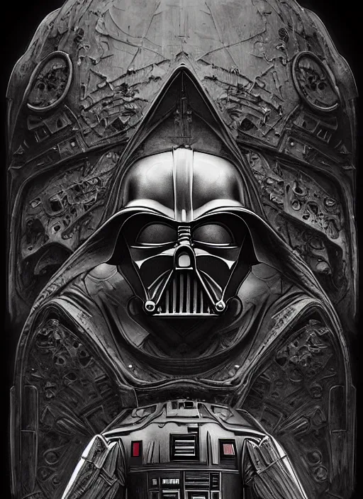 Image similar to side shot of platonic ideal star wars, malignant dieselpunk and god complex dementor wild hunt chtulu nazgul mandelbulb fantasy, ego death, detailed, darth vader, intricate, volumetric lighting, hyperrealism, intense, scary, decay, artgerm, davinci, ralph mcquarrie, alphonse mucha, empire symbol,