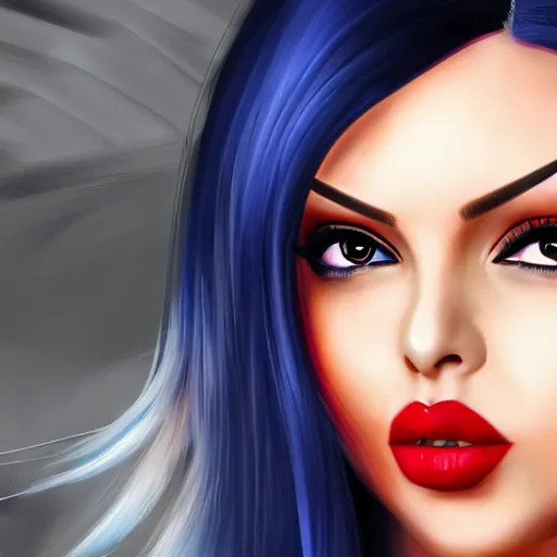 Image similar to portait of haifa wehbe asymmetric face, perfect lips licking tongue, long hair blue centred, hd, very detailed curve, digital painting, unreal engine, final fantasy style, amazing red orange background theme