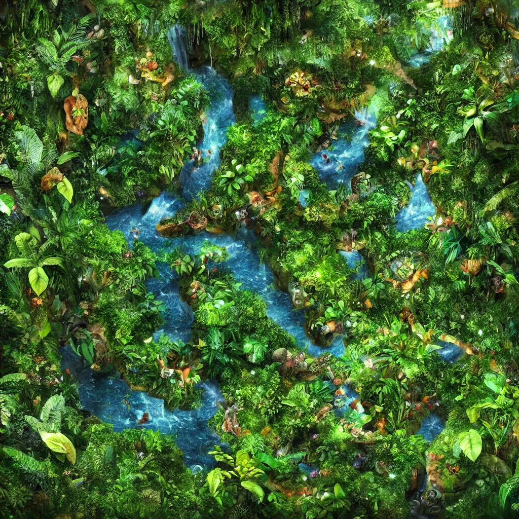 Image similar to a jungle garden in amazon, detailed dreamscape, hyperreal phantastic, drone shot, intricate details in environment, golden ratio, high aestehtic, waterfalls and lakes, cinematic light dramatic light, lightrays, in the style of terrence mallick cinematography, trending on artstation