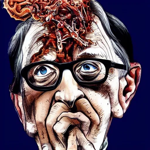 Image similar to bill gates holding a vaccine in his hand, Body horror, by Ralph Steadman