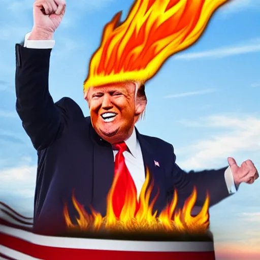 Image similar to photo realistic donald trump on fire crossing the street busy traffic no one cares