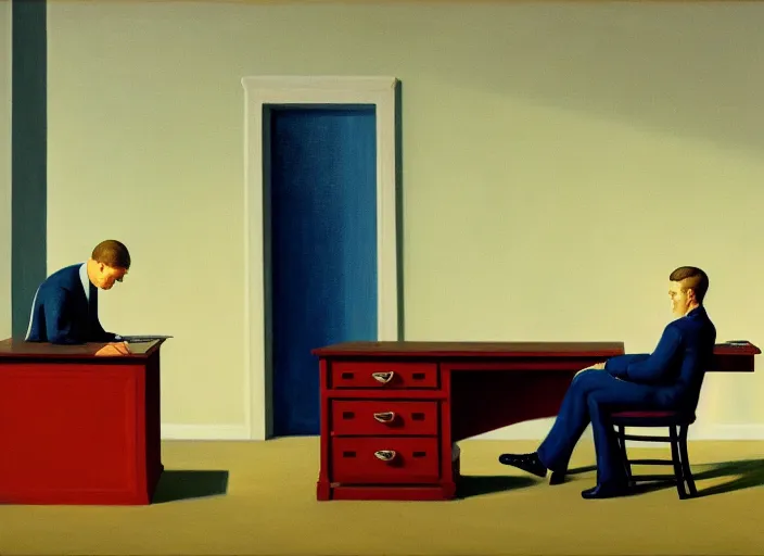 Image similar to painting of a lonely man sitting at his desk in an empty, huge office, in the style of edward hopper