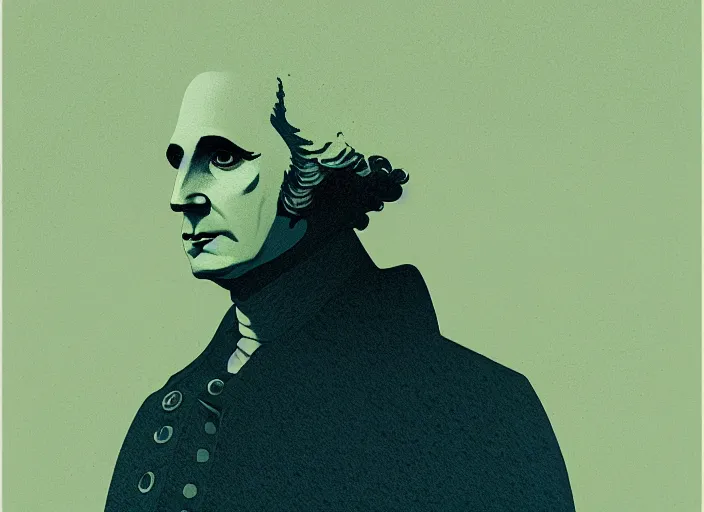 Image similar to portrait of a george washington, colorful, modern art deco, mads berg, karolis strautniekas, christopher balaskas, stippled light, fog, moody, fine texture, editorial illustration, dramatic lighting, dynamic composition, detailed, matte print, dynamic perspective, muted color