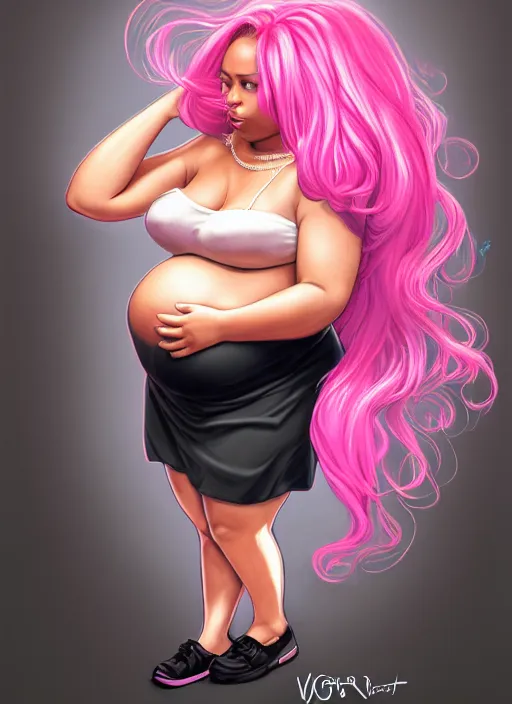 Image similar to full body portrait, teenage vanessa morgan, pink hair, obese, black girl, curly pixie hair, sultry, realistic, short hair, hoop earrings, skirt, shirt, fat, belly, intricate, elegant, highly detailed, digital painting, artstation, concept art, smooth, sharp focus, illustration, art by wlop, mars ravelo and greg rutkowski