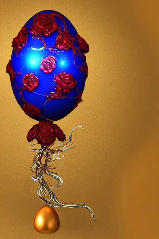 Image similar to a detailed glowing egg with swirls of red and blue emerging from the blossom of a metallic gold flower with tendrils of gold wrapping around the egg, an egg sitting inside a rose made out of silver and gold, fantasy concept art, unreal engine 5, volumetric lighting, trending on artstation