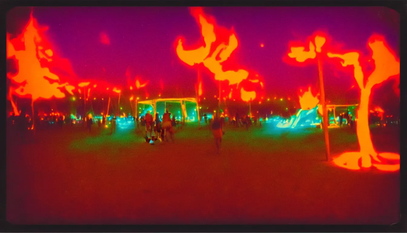 Image similar to colorful instant photograph of burning man at night, polaroid, light leak, raw, nostalgic