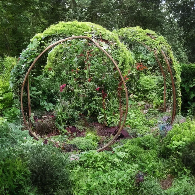 Prompt: a circle portal structure built out of plants and mushrooms