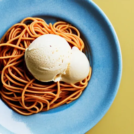 Prompt: single scoop of vanilla ice cream on top of a plate of steaming spaghetti, high resolution photograph, picnic at sunset