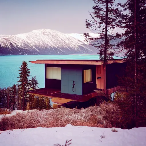 Image similar to wes anderson style modern futuristic house near the lake, snowy mountains and green forest, cinematic, realism, photo, detailed