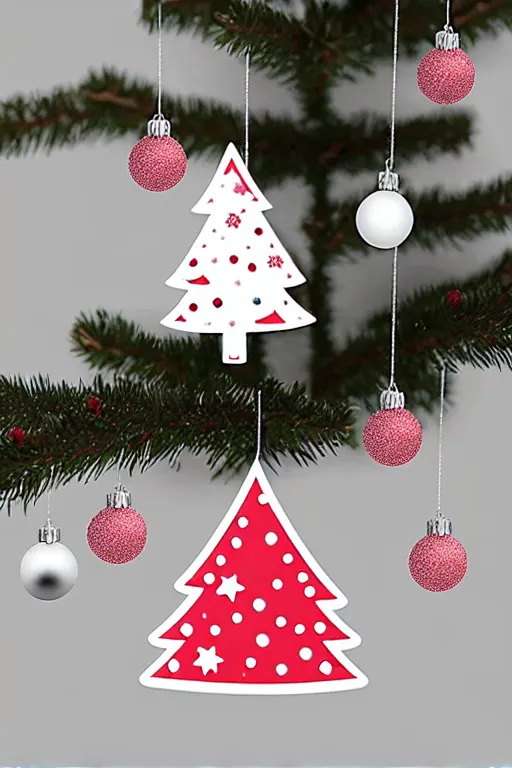 Image similar to flat sticker scandi christmas tree with kitsch glitzy baubles and stars and christmas robin bird decorations, silver pink white red mood, smooth sharp focus