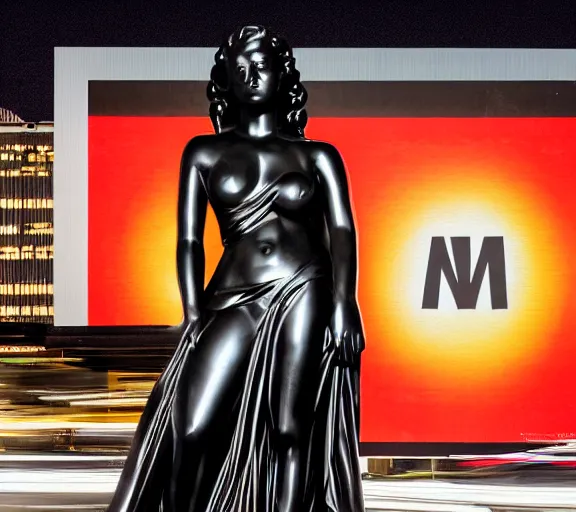 Image similar to night time photo of billboard advertisement of extremely beautiful female black marble statue in the style of virgil abloh, colorful motocross logos behind her, sharp focus, clear, detailed,, cinematic, detailed, off white, glamourous, symmetrical, vogue, editorial, fashion, magazine shoot, glossy