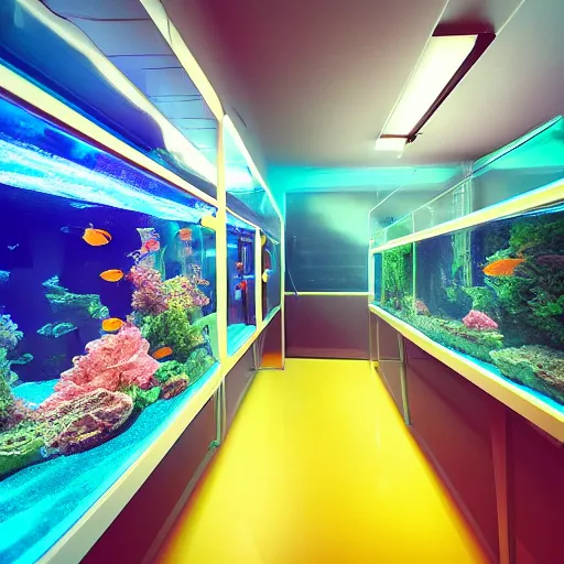 Prompt: “An endless store full of fish tanks, high quality, vanishing point, bright colors, photograph, digital art, trending on Artstation”