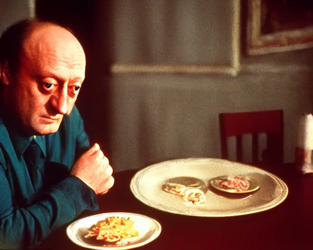 Image similar to 1 9 7 9 a soviet movie still a joseph brodsky sitting at a table with a plate of food in dark warm light, a character portrait by nadya rusheva, perfect symmetric coherent face, featured on cg society, neo - fauvism, movie still, 8 k, fauvism, cinestill, bokeh, gelios lens