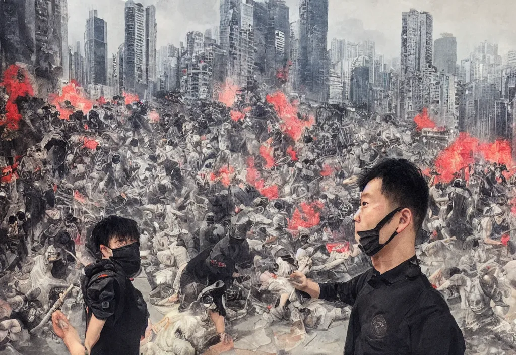 Image similar to 2 0 2 1 hong kong riot portrait by peter paul rubens. city buildings in the background.