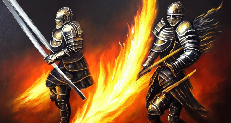 Image similar to An oil painting of a knight in dark metal armor wielding a flaming sword