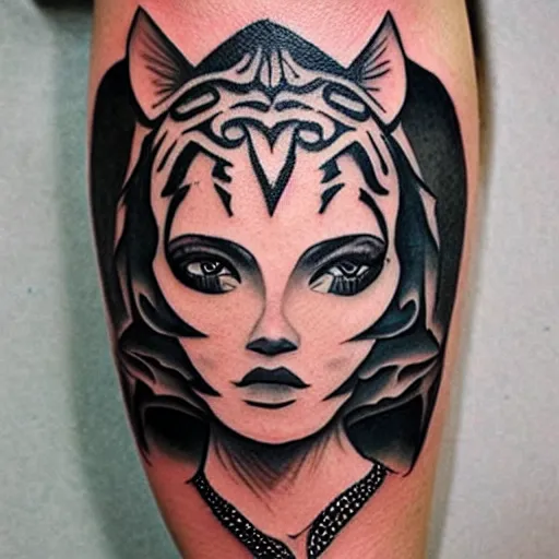 Image similar to tattoo design of a beautiful girl face, the girl is wearing a tiger head hat, hyper detailed, in the design of eliot kohek