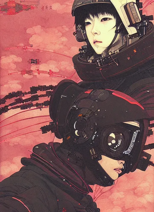 Image similar to a beautiful ukiyo painting of cyberpunk battle space pilot, wearing space techwear, detailed close up portrait, intricate complexity, concept art, by takato yamamoto, wlop, krenz cushart. cinematic dramatic atmosphere, sharp focus