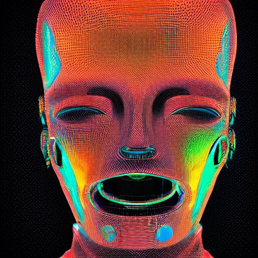 Image similar to hyperdetailed portrait of a futuristic atompunk robot head, 8 k, symetrical, flourescent colors, halluzinogenic, multicolored tshirt art, black background