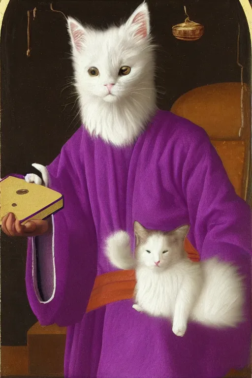 Image similar to a youthful fool in purple robes and a purple jester hat, holding a cute fluffy white cat, listening to records on a turntable, oil on canvas, by ambrosius benson