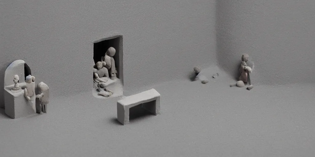 Prompt: plasticine model of stop motion figures clay. minimal. tilt shift. fish tank in. gallery. visitors. photorealistic. john craxton. small hole in wall