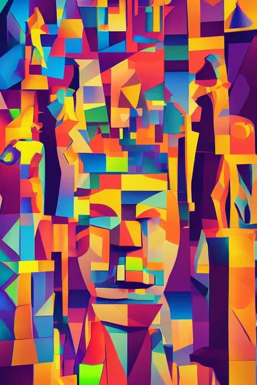 Image similar to cubist moai statue cutout digital illustration cartoon colorful beeple