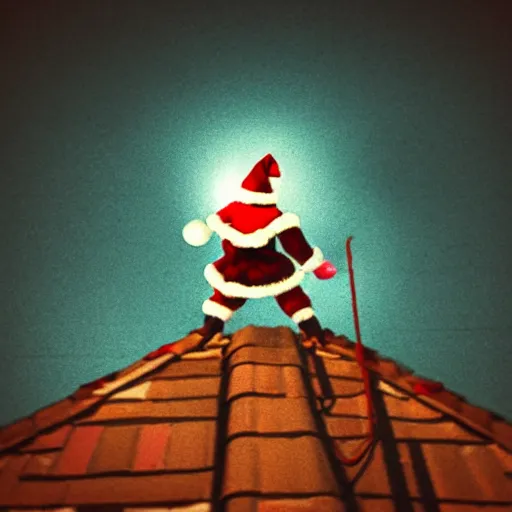 Image similar to a grainy realistic photograph of santa ontop of a rooftop climbing down a chimney at night, shot on an old polaroid camera, grainy vhs texture 4 k, realistic, unreal engine 5, sharp details, 3 0 0 dpi