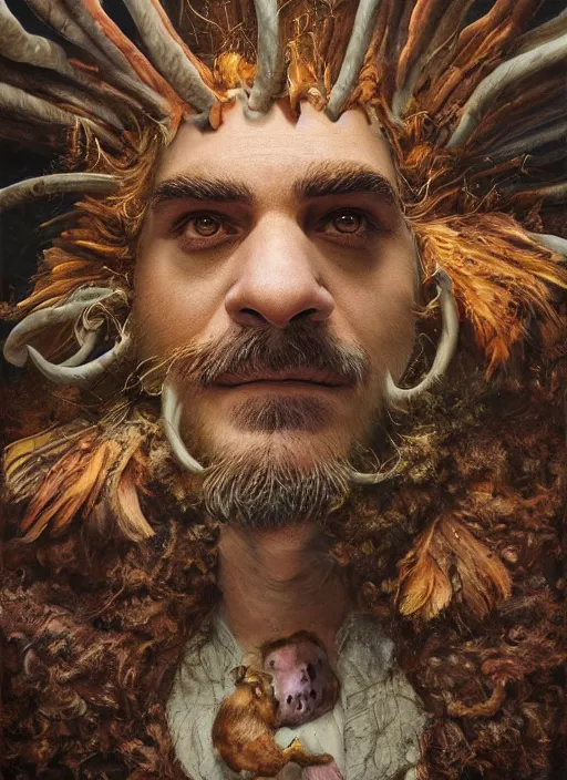 Image similar to a hyper detailed painting of an anthropomorphic joaquin phoenix as the king of animals, cow horns, pig nose, sheep wool, chicken feathers, horror, by anna podedworna, by miklos ligeti, by diego maricato, by taran fiddler, by antonino truisi, by chris reddie, on artstation