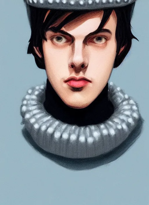 Image similar to portrait of teenage jughead jones wearing a light grey crown, crown, blue turtleneck, 1 9 5 0 s, closed eyes, photorealistic, black hair, glowing lighting, intricate, elegant, glowing lights, highly detailed, digital painting, artstation, concept art, smooth, sharp focus, illustration, art by wlop, mars ravelo and greg rutkowski