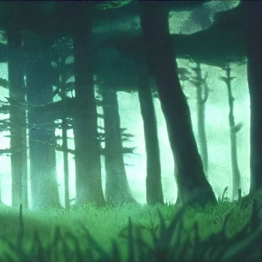 Prompt: a still frame from the princess mononoke film, in the woods at night, overgrown grass, dramatic, gloomy, volumetric light, ground mist, cinematic, filmic