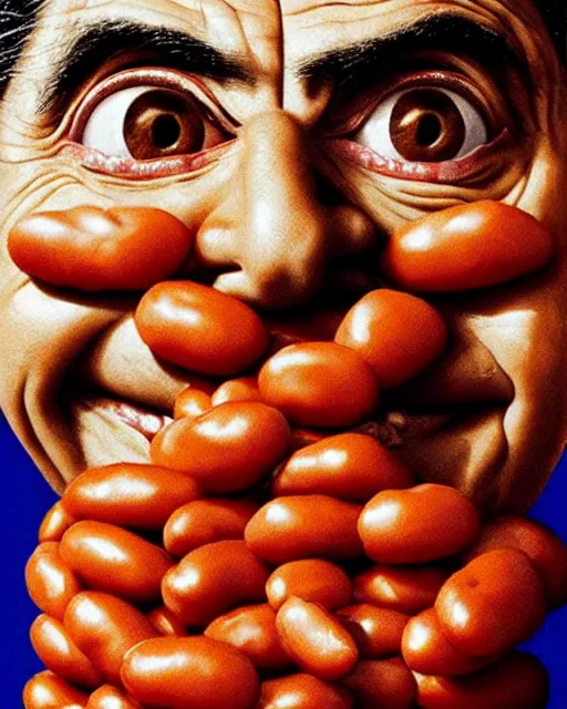 Prompt: portrait of mr bean's face in a bowl full of baked beans, face covered in beans and tomato sauce, beans in his eyes sockets, pile of beans on his head, baked beens instead of eyes, open mouth full of with baked beans, overflowing with baked beans, rowan atkinson, muted colors, surrealist oil painting, highly detailed