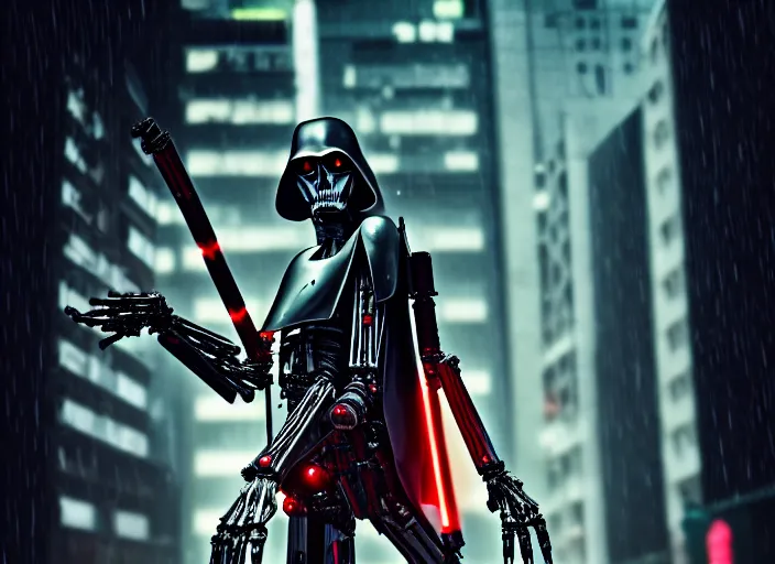 Image similar to 3 5 mm portrait photo of ( general grievous )!! with heavy duty biomechanical cybernetic body with ( four arms holding 4 activated red lightsabers )!! in the city in the rain. cyberpunk horror style.