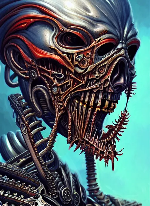 Image similar to hyper detailed ultra sharp painting of a undead biomechanical warrior trance man. trending on artstation, warpaint aesthetic, earthwave, colorful, psychedelic, ornate, intricate, digital painting, concept art, smooth, sharp focus, illustration, art by artgerm and greg rutkowski and h. r. giger, 8 k