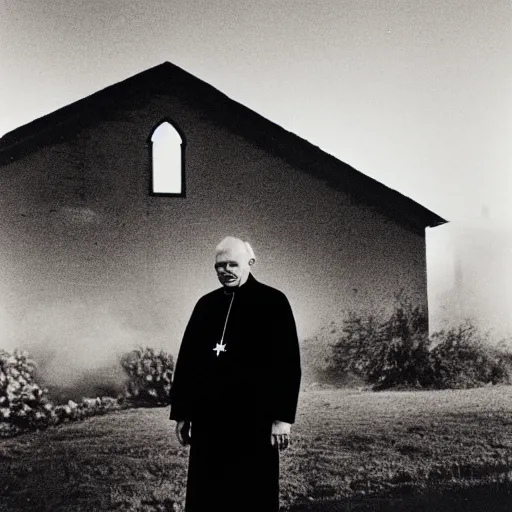 Image similar to photograph of john paul ii standing outside the entrance to a small burning church with a cross on its roof, night, black