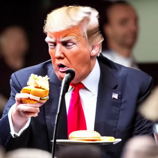 Image similar to Donald Trump eating a McDonald's burger with his small hands. 4k paparazzi photo