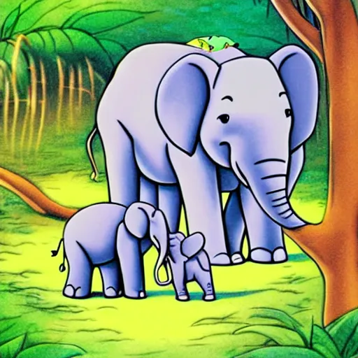 Prompt: cute cartoon mama elephant hugging baby elephant in the Indian jungle, Ghibli