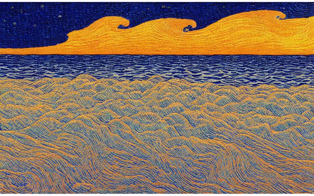 Prompt: a beutiful sunset on a beach, fractal waves. japanese embroidery. retro minimalist art by jean giraud and van gogh.