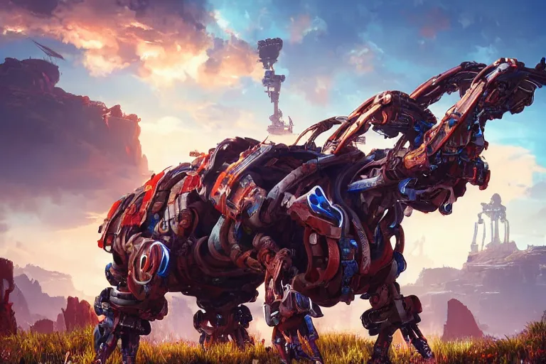 Image similar to thunderjaw machine mecanical creature robot of horizon forbidden west horizon zero dawn radiating a glowing aura global illumination ray tracing hdr fanart arstation by ian pesty and alena aenami artworks in 4 k