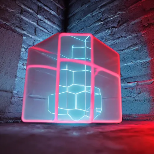 Prompt: glowing translucent cube in a meth lab, cyberpunk, dark room, trending on artstation, 4 k close up, wide angle