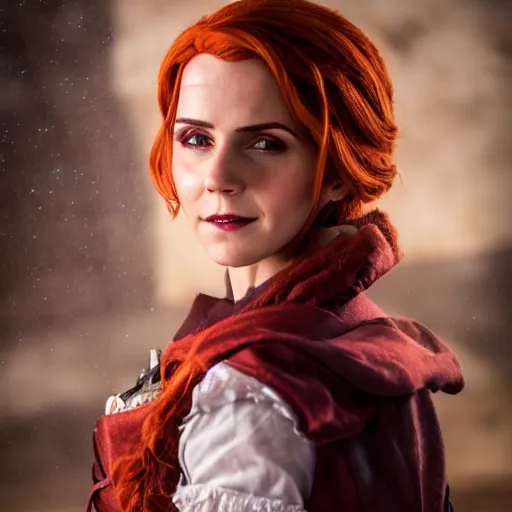 Prompt: Triss Merigold cosplay by Emma Watson, 8k, professional photography, cinematic studio shot, dark, smoke